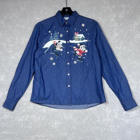 Disney Parks Shirt Small Blue Christmas Denim Button Long Sleeve Lightweight - Picture 1 of 12